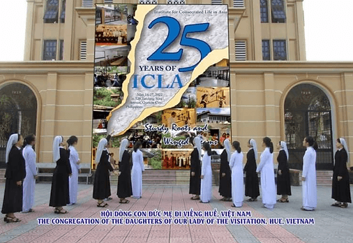 ICLA alumnae, religious sisters in white habits, gathered in front of a church to celebrate the Institute's 25th anniversary